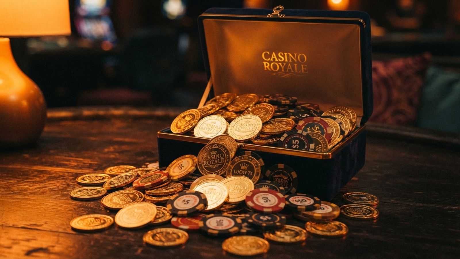Jetons dorés et pièces sortant d'un coffret cadeau