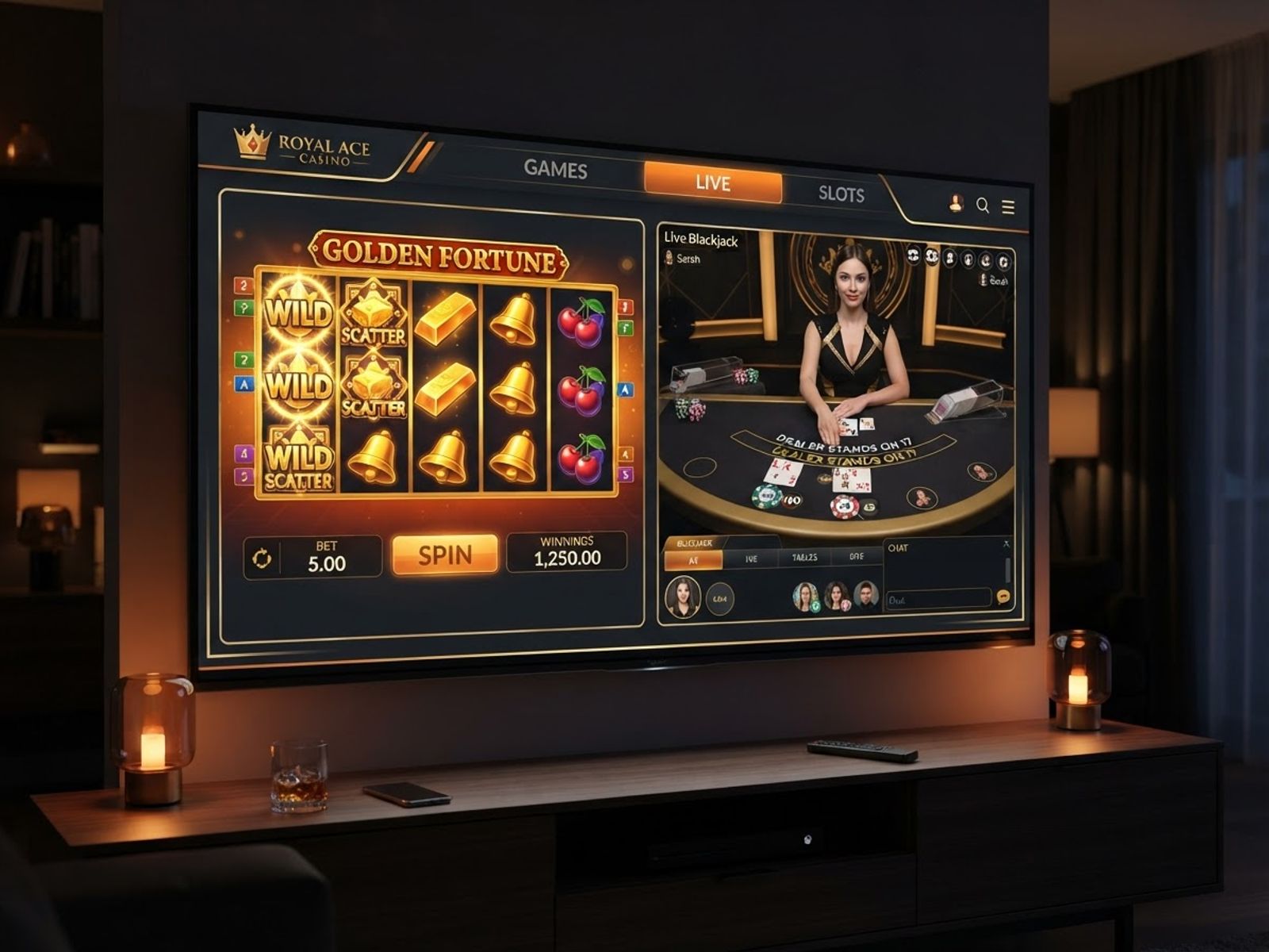 Interface de casino Spinaura avec machines à sous et croupier en direct