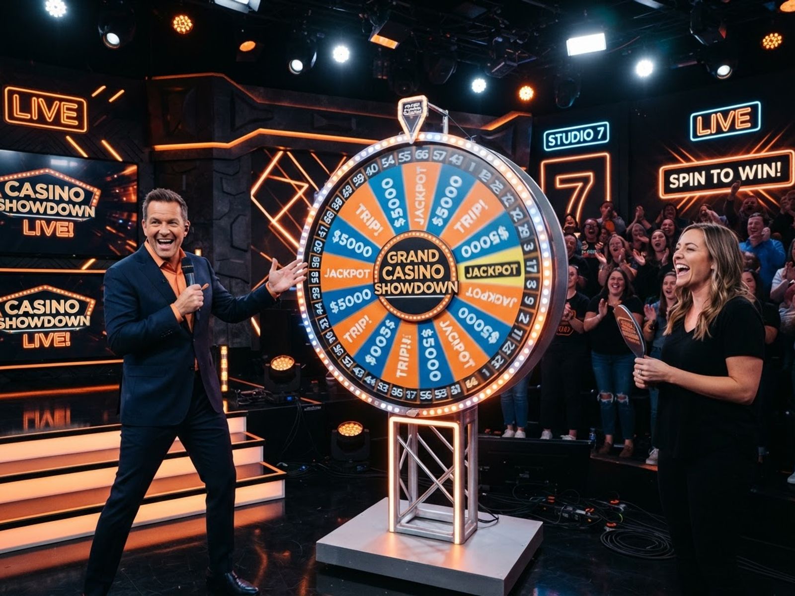 Roue de jeu télévisé en direct avec animateur et projecteurs