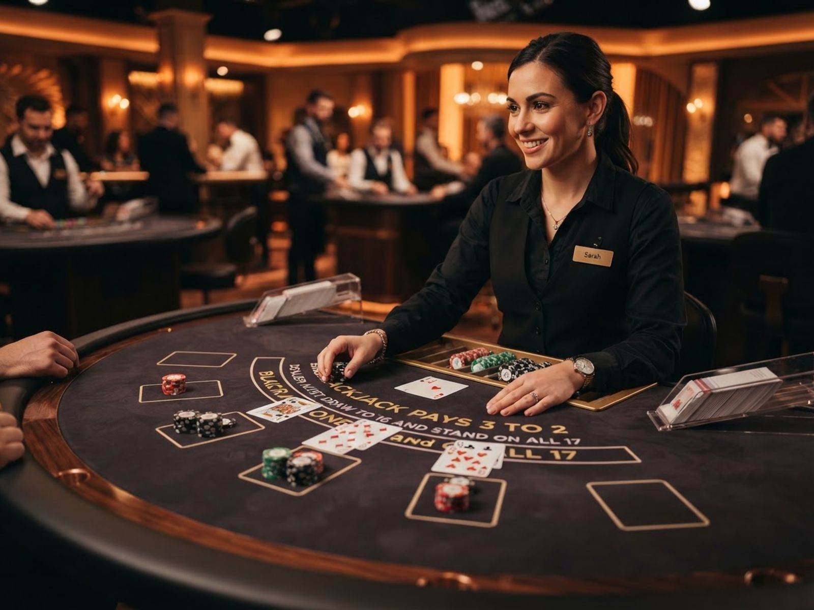 Table de blackjack en direct avec cartes et croupier