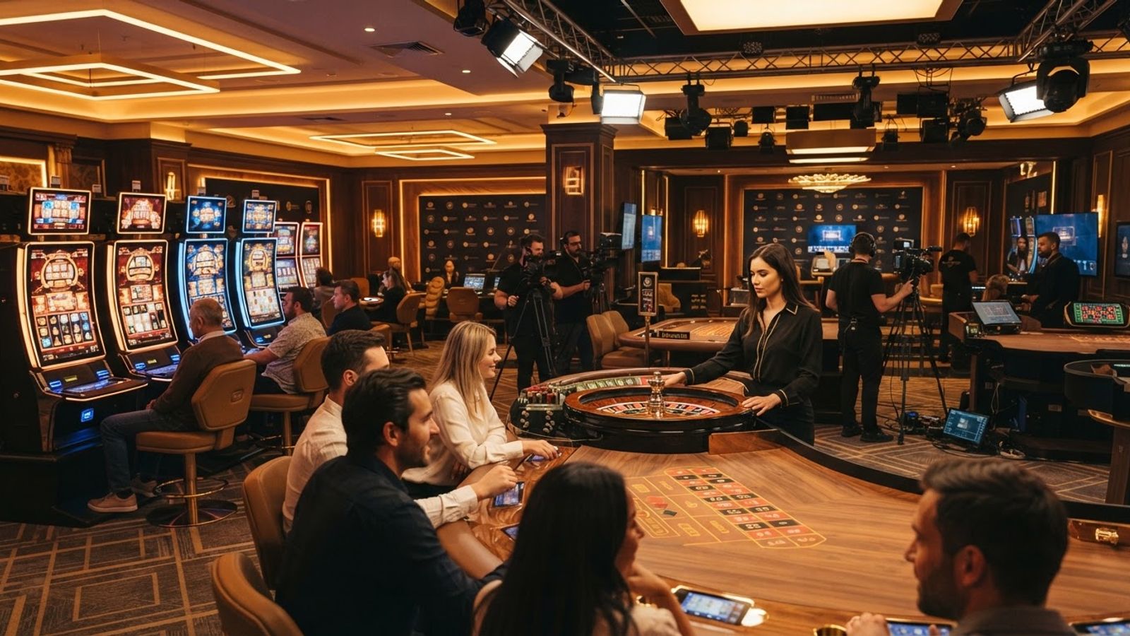Salle de casino moderne avec machines à sous et table de roulette en direct